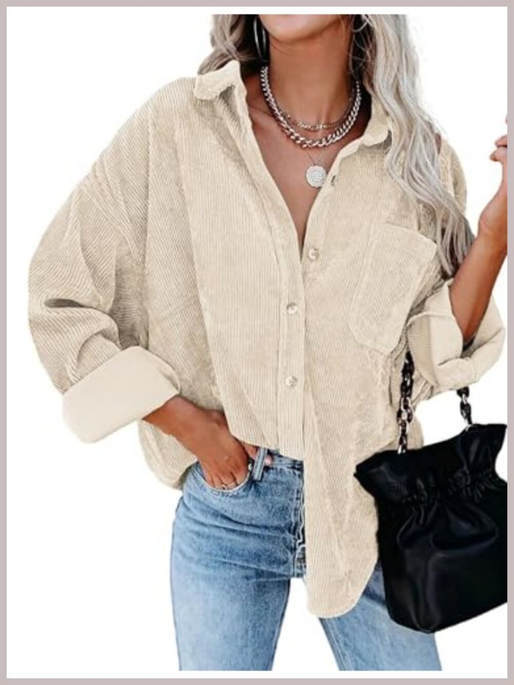 Oversized Corduroy Shacket Button Down Shirt with Pocket Long Sleeve